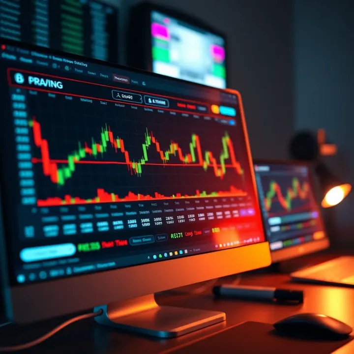Computer screen displaying a binary options trading simulator dashboard with charts and prediction buttons