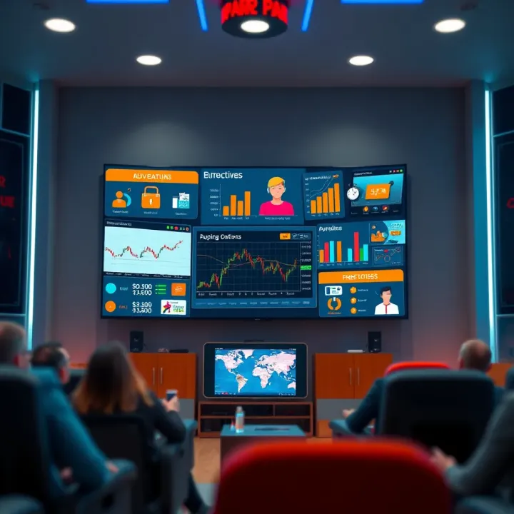Illustration of a digital platform displaying various trading tools and educational content for binary options