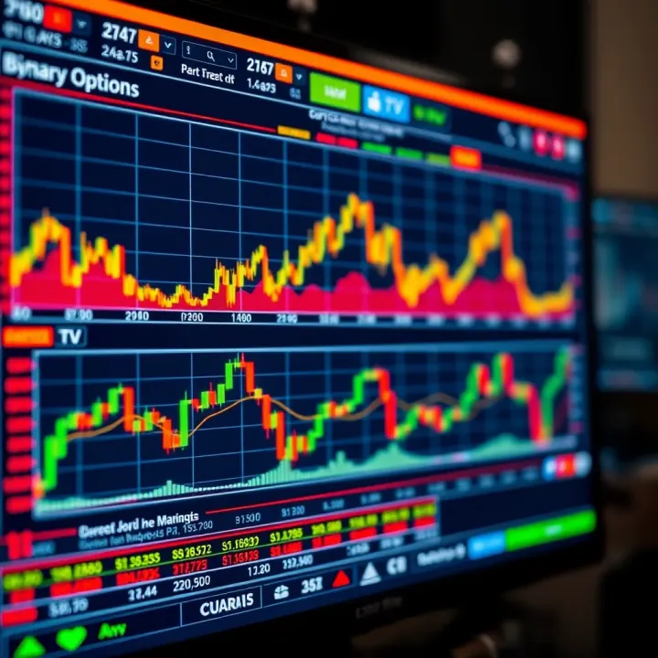 Visual representation of binary options trading charts and data analysis on a digital screen
