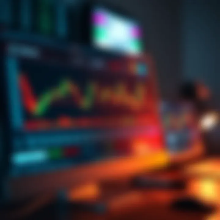 Binary Options Trading Simulator Dashboard Interface Computer screen displaying a binary options trading simulator dashboard with charts and prediction buttons