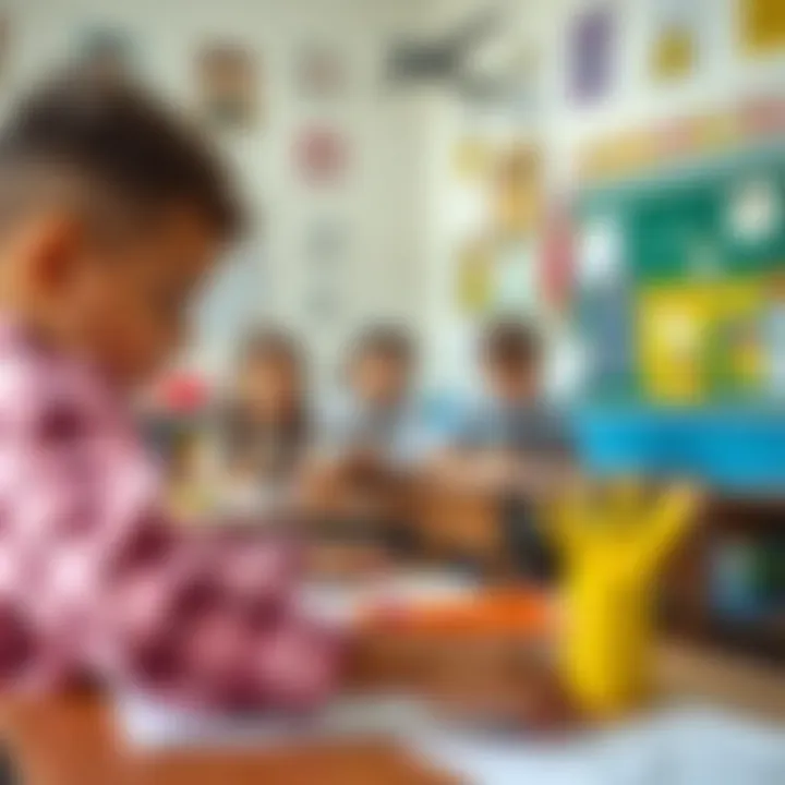 Colorful school setting with children using drawings to highlight safety hazards in classrooms