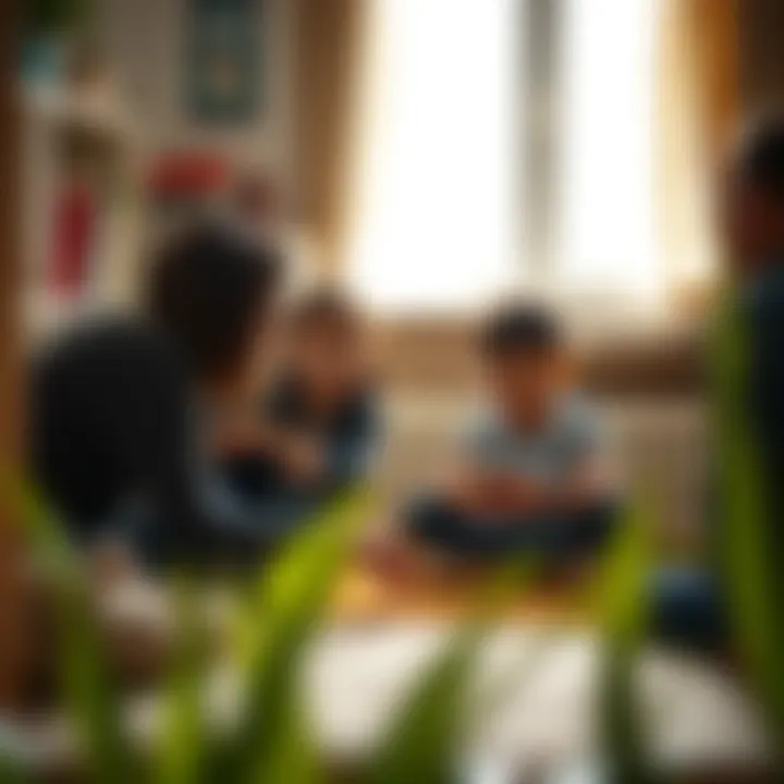 Home-Based Risk Prevention Activities to Foster Safety Skills in Children A family engaging in a home-based exercise designed to promote awareness and skills for preventing accidents and managing risks safely