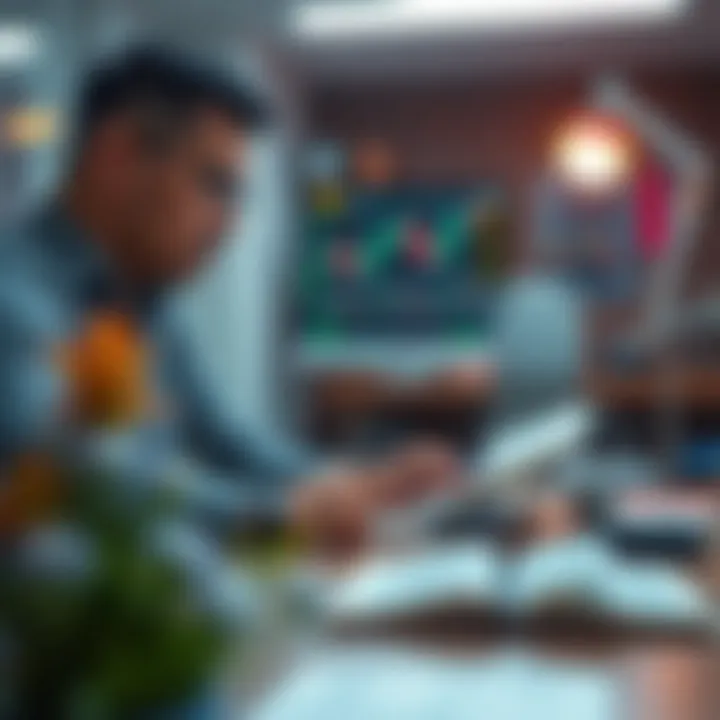 Person studying Forex trading concepts using a laptop and books at a desk