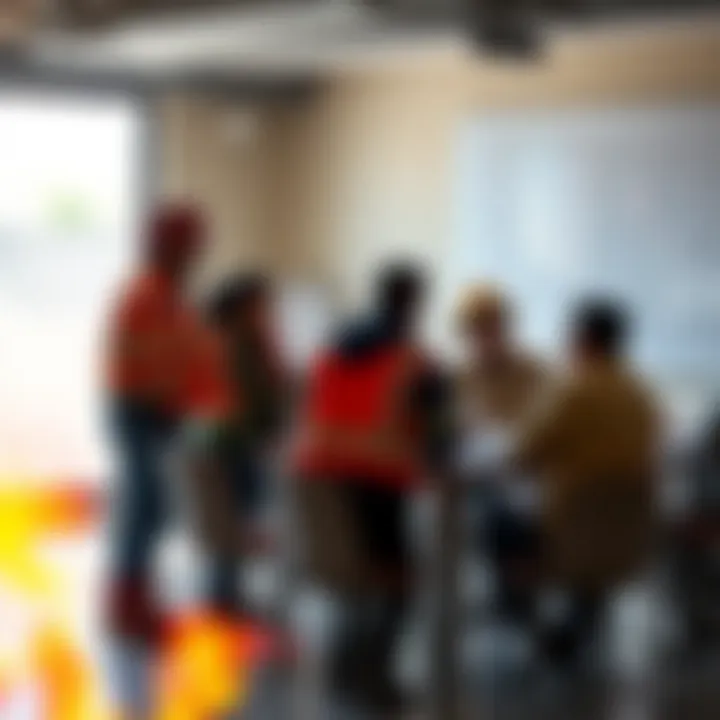 Collaboration for Disaster Prevention and Risk Management Illustration of community members collaborating with emergency responders during a disaster prevention meeting