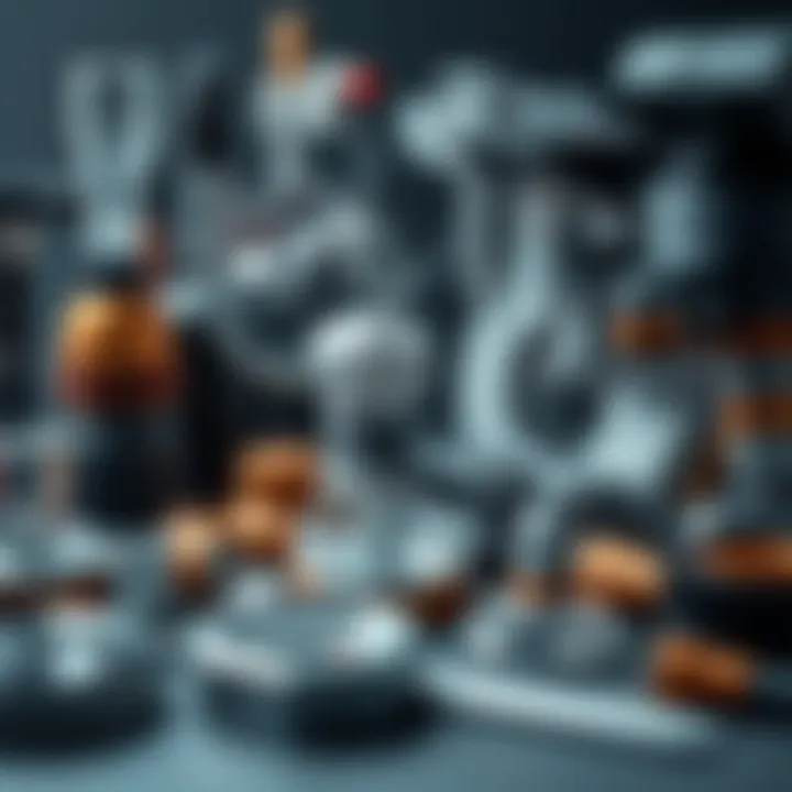 Collection of scientific tools including magnifying lenses, calipers, and microscopes used for detailed object examination