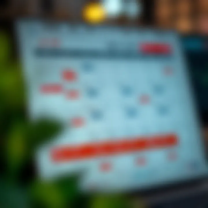 Calendar with marked economic events and financial charts