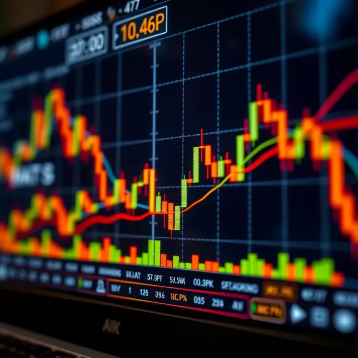 Illustration of candlestick patterns and moving averages in stock trading