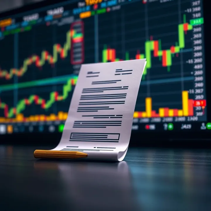 Illustration showing a contract symbolizing a Contract for Difference with financial charts in the background