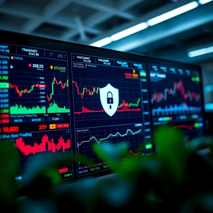 Dashboard displaying various trading platform features with charts and security icons