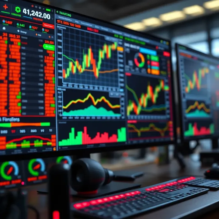 Digital interface displaying various online trading platform charts and tools