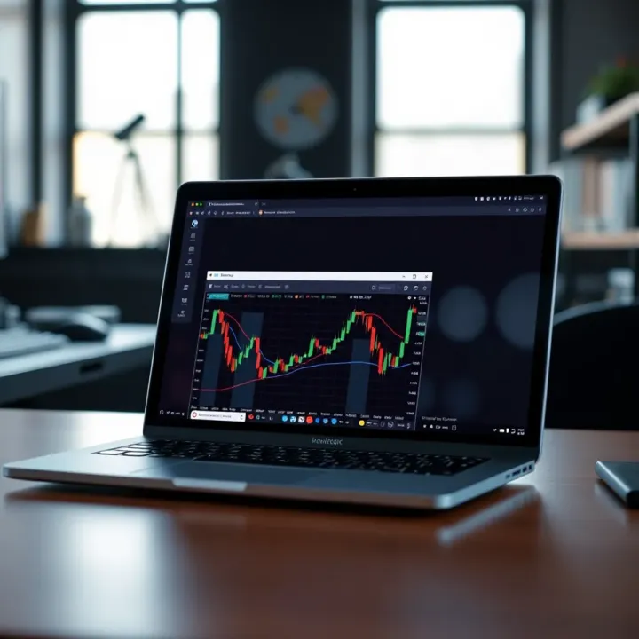Illustration of a digital trading course interface displayed on a laptop screen with charts and text blocks