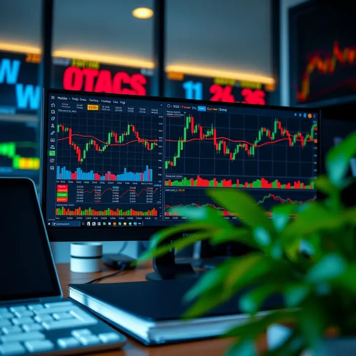 Illustration of online trading course modules with financial charts and computer screen