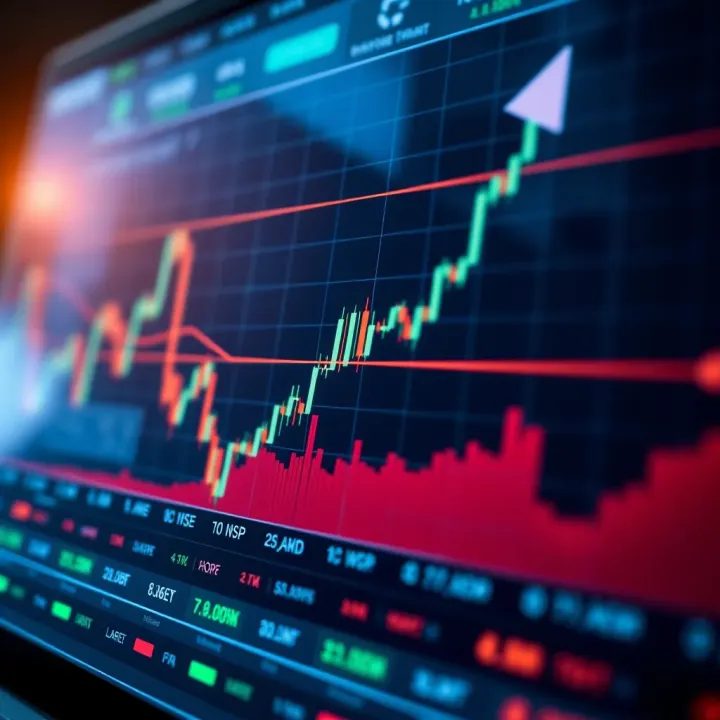 Graph showing financial data with upward trend lines overlaid on digital trading interface