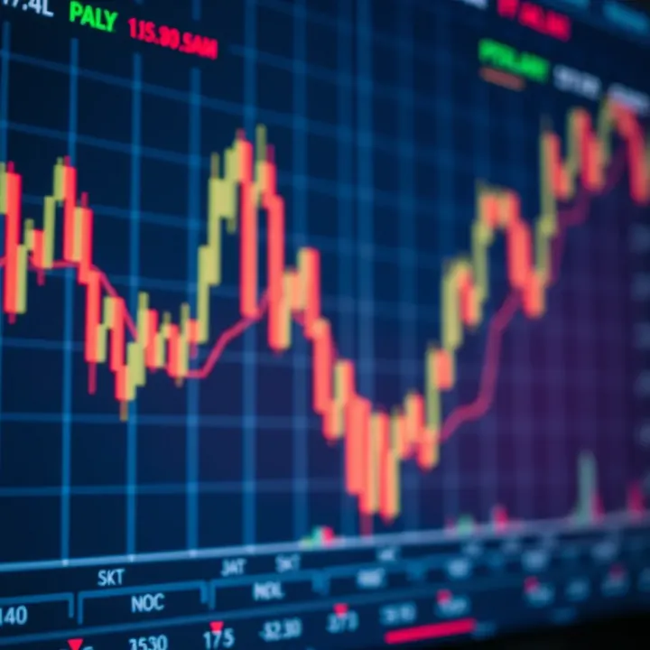 Graph showing currency exchange rate fluctuations with trading platform interface in the background