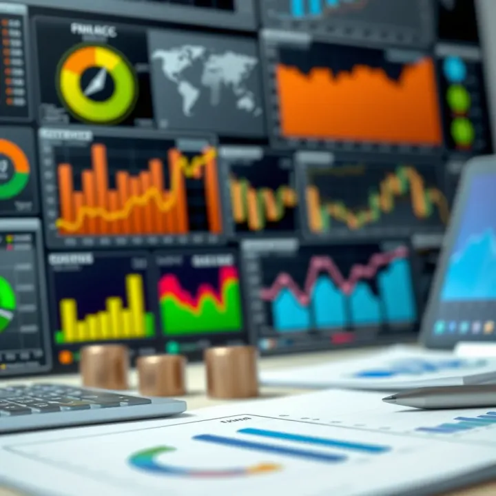 Dashboard with charts and tools used in company financial evaluation and investment decisions