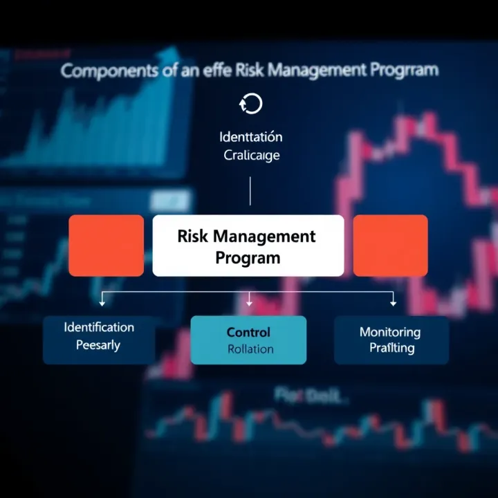 Diagram illustrating key components of an effective risk management program including identification, evaluation, control, and monitoring phases