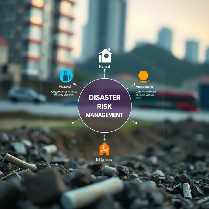 Illustration showing interconnected elements of disaster risk management including hazard identification, assessment, and mitigation strategies
