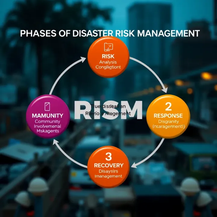 Diagram showing the phases of disaster risk management including risk analysis, community involvement, response, and recovery