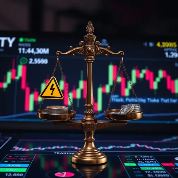 Conceptual representation of financial risks and rewards with scales balancing coins and warning symbols over a digital trading platform