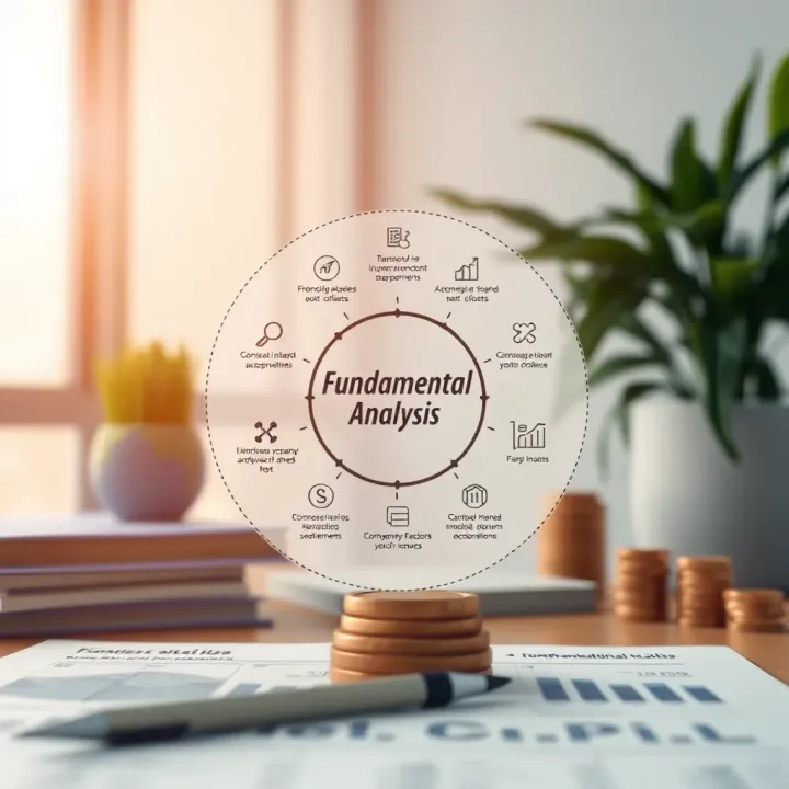 Diagram illustrating fundamental analysis with financial statements, economic factors, and company performance icons