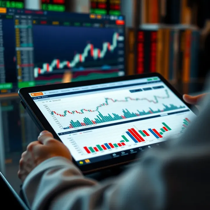Digital tablet showing multiple financial graphs and trading tools for market analysis