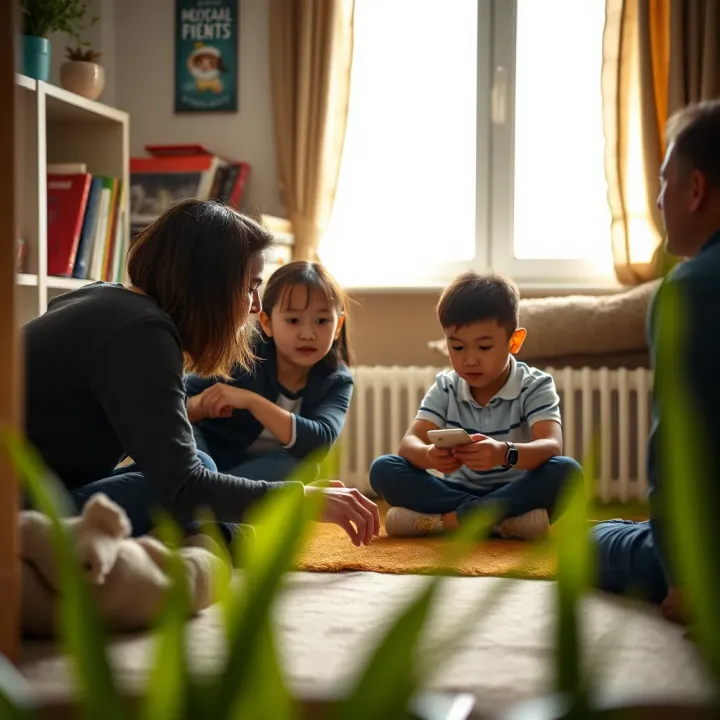 Home-Based Risk Prevention Activities to Foster Safety Skills in Children A family engaging in a home-based exercise designed to promote awareness and skills for preventing accidents and managing risks safely