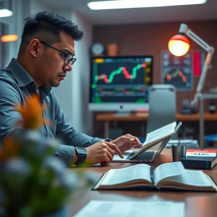 Person studying Forex trading concepts using a laptop and books at a desk