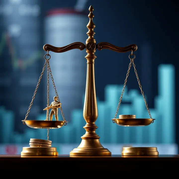Illustration of legal scales balanced with financial symbols representing regulatory framework of binary options in Colombia