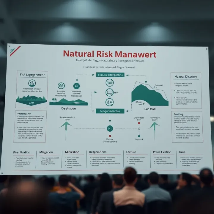 Diagram illustrating natural disaster risk management including hazard identification, risk analysis, mitigation, and response strategies