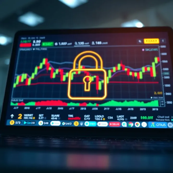 Secure online trading platform interface displaying charts and lock symbol