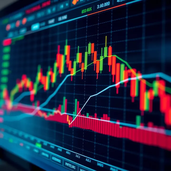 Chart displaying candlestick patterns and moving averages to illustrate technical analysis in financial markets