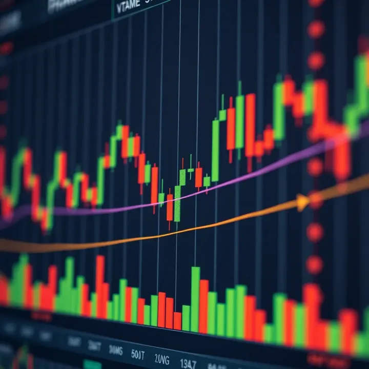 Graph showing price trend with candlestick patterns and volume bars
