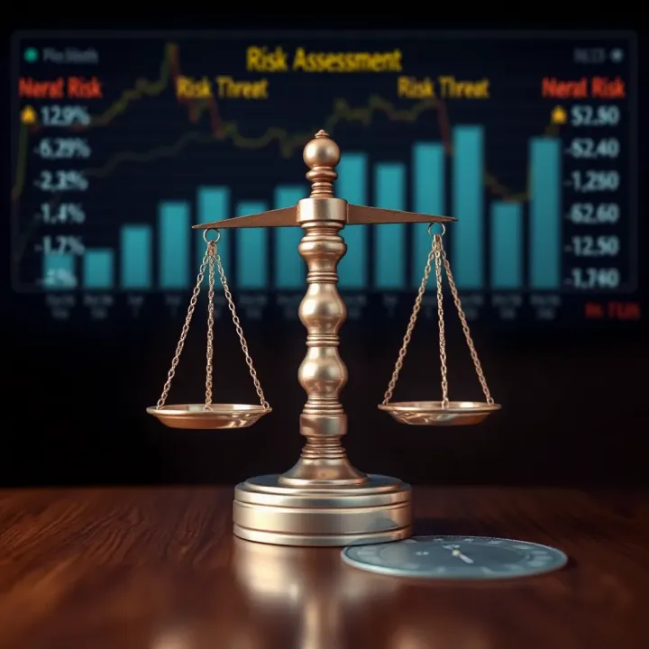 Graphic depicting risk assessment with scales balancing potential threats and protective measures