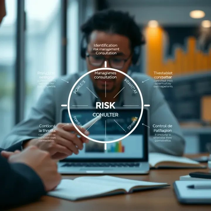 Diagram showing key components of risk management consultation including identification, evaluation, and control of threats