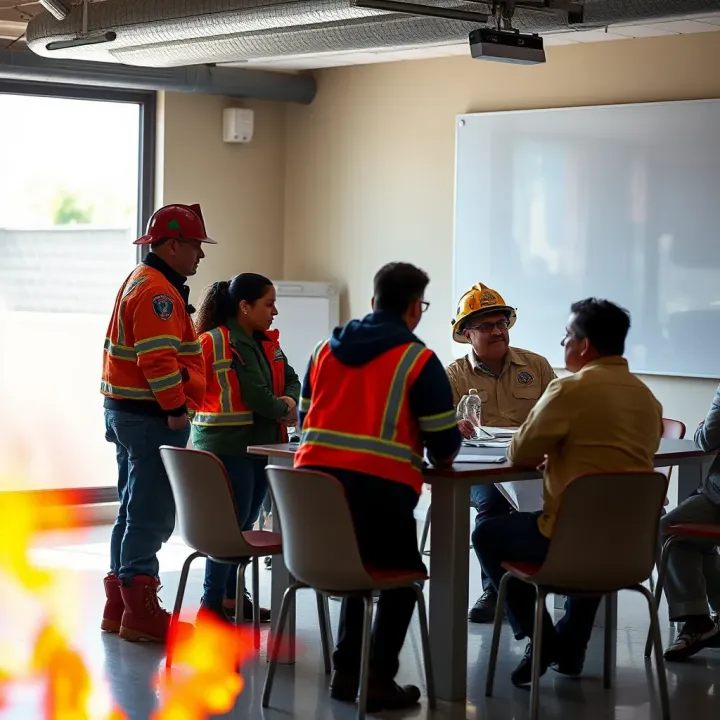 Illustration of community members collaborating with emergency responders during a disaster prevention meeting