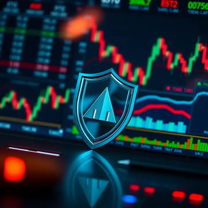 Risk management concept with protective shield over financial data and charts