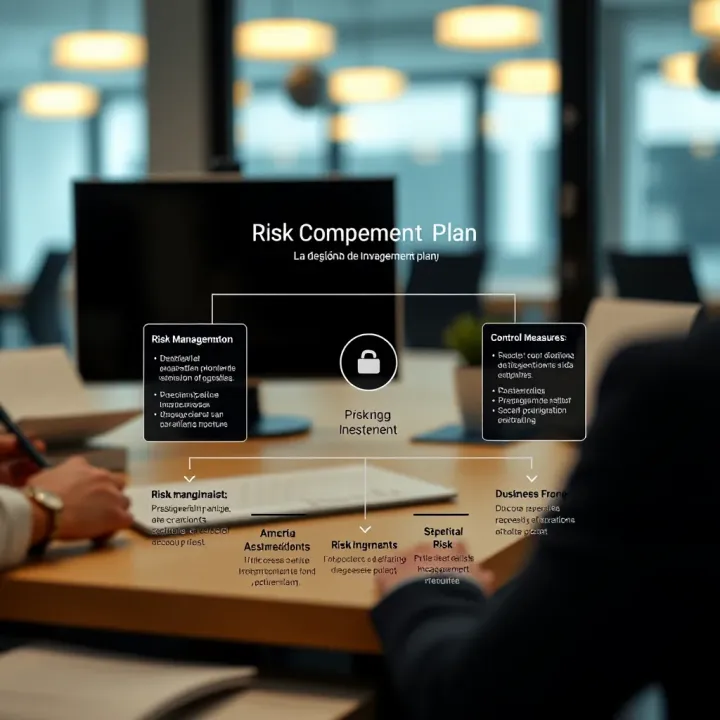 Diagram illustrating key components of a risk management plan including identification, assessment, and control measures