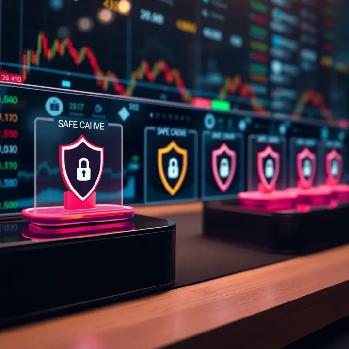 Graphic showing secure digital platforms with shield icons symbolizing safe investment environments for binary options