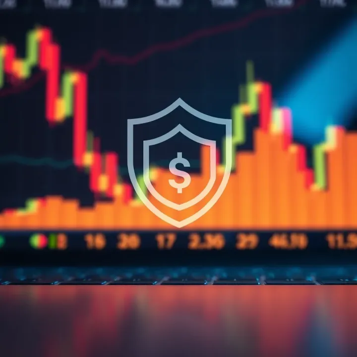 Illustration of secure investment concept with shield symbol and financial graphs in background