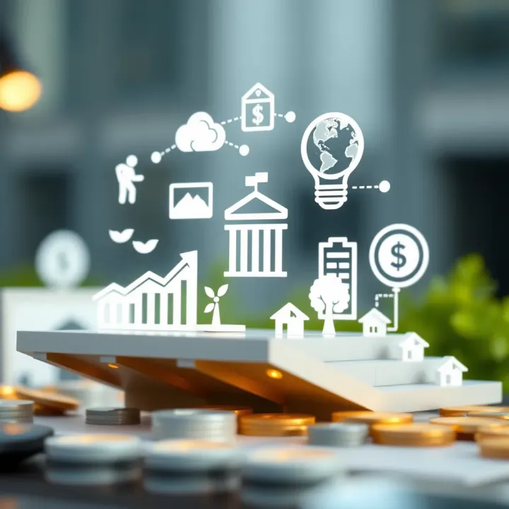 Visual representation of national development resilience with icons symbolizing economic growth, security, and environmental protection