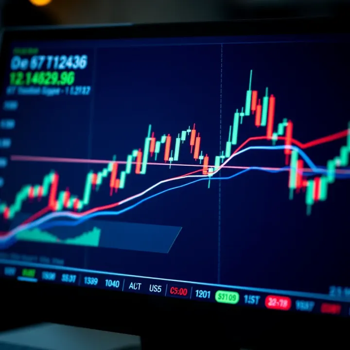 Financial chart displaying candlestick patterns and trend lines on a digital screen