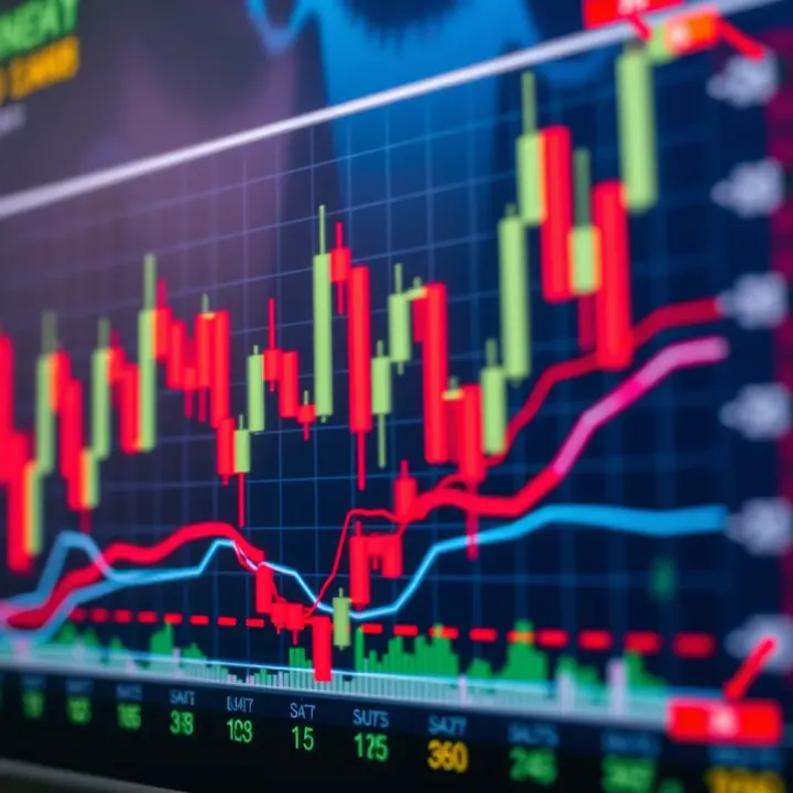 Technical chart displaying candlestick patterns and moving averages in financial market analysis