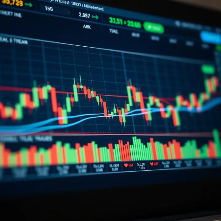 Chart displaying financial market trends with candlestick patterns and volume indicators