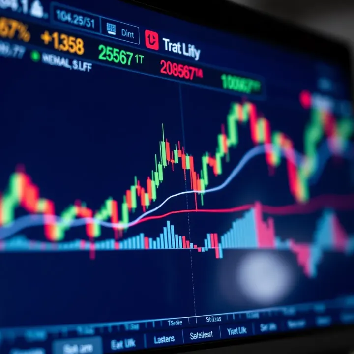 Financial chart displaying candlestick patterns and trend lines on a digital trading platform