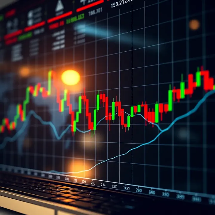 Financial chart displaying fluctuating stock prices with candlestick patterns