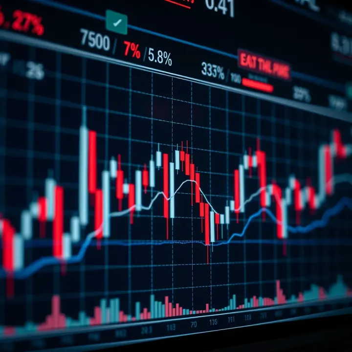 Graph showing various technical indicators such as moving averages and volume bars