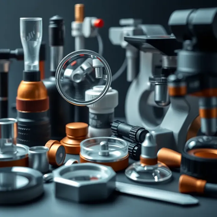 Collection of scientific tools including magnifying lenses, calipers, and microscopes used for detailed object examination