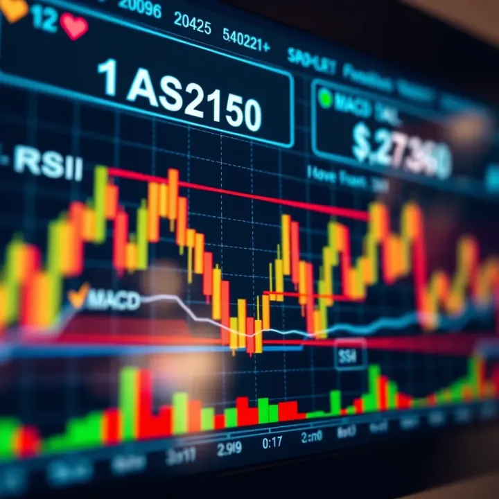 Various technical analysis tools including moving averages, RSI, and MACD indicators displayed on a financial graph