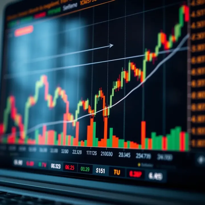 Chart showing price movement with technical indicators such as moving averages and volume bars
