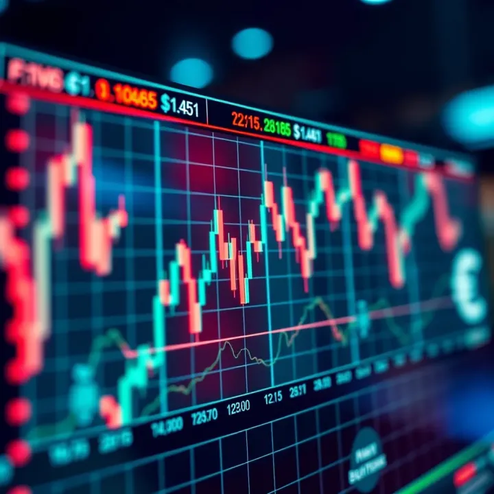Graph showing binary options trading trends with financial symbols and currency icons